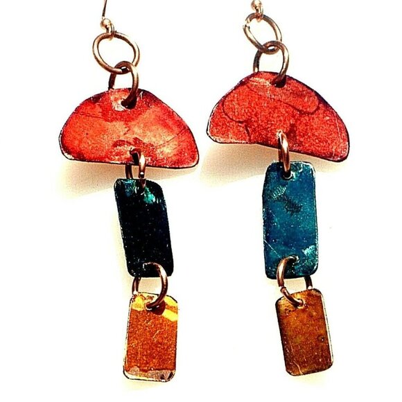 Modernist Geometric Blue Yellow Red Pure Copper Dangle Earrings Solid Handmade - Picture 8 of 8